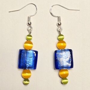 Blue, Orange, Green Glass Beaded Earrings